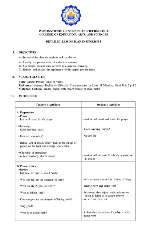 Lesson On Verbs Detailed Lesson Plan In English 8th Grade English Lesson Plans - 8th Grade English Lesson Plans