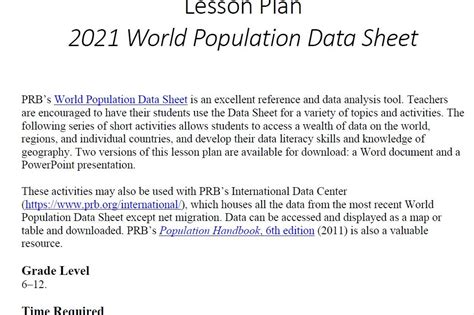 Lesson Plan 2019 World Population Data Sheet Prb Population Map Worksheet - Population Map Worksheet