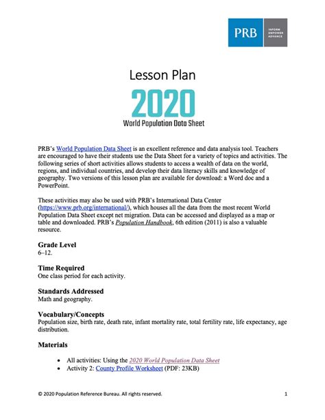 Lesson Plan 2020 World Population Data Sheet Prb Population Map Worksheet - Population Map Worksheet
