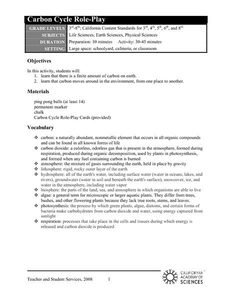 Lesson Plan Carbon Cycle Role Play California Academy Carbon Cycle Activity Worksheet - Carbon Cycle Activity Worksheet