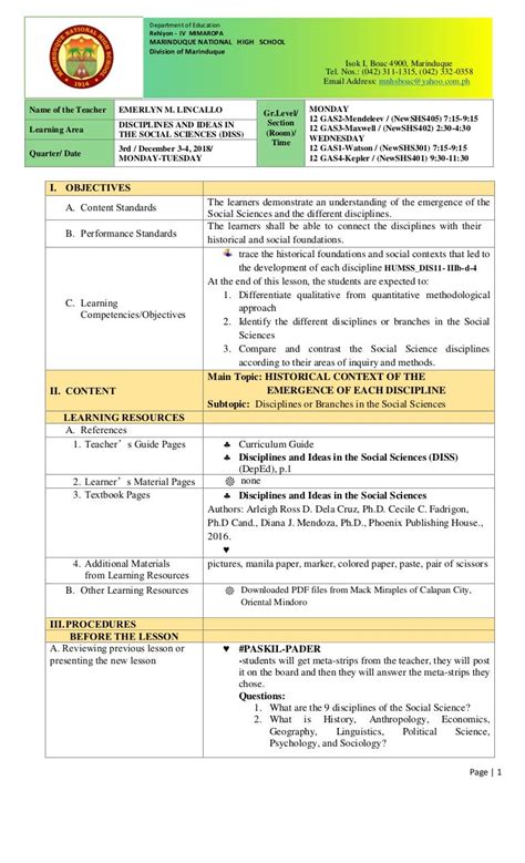 Lesson Plan Disciplines Or Branches Of Social Sciences Lesson Plan Social Science - Lesson Plan Social Science