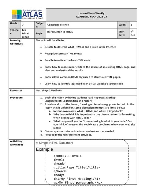 Lesson Plan For Computer Science For B Ed