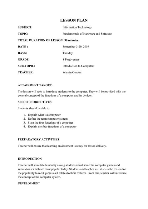 Lesson Plan For Computer Subject Computer Science Lesson Plan - Computer Science Lesson Plan