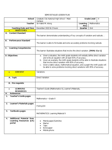 Lesson Plan For Maths Class 8
