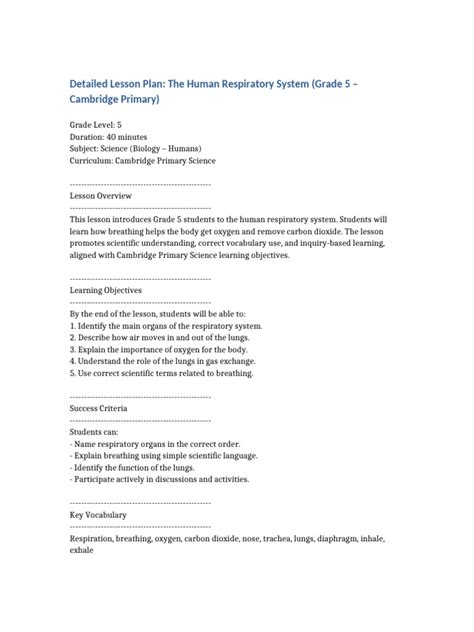 Lesson Plan Function Of Respiratory System