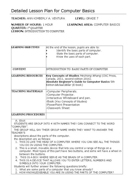 Lesson Plan Of Computer For B Ed