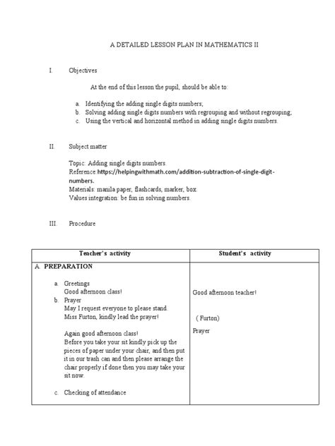Lesson Plan On Adding Single Digit Numbers