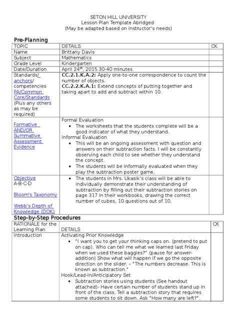 Lesson Plan On Subtraction   Subtraction Review Worksheet 1 Lesson Plan Lessonplans Com - Lesson Plan On Subtraction