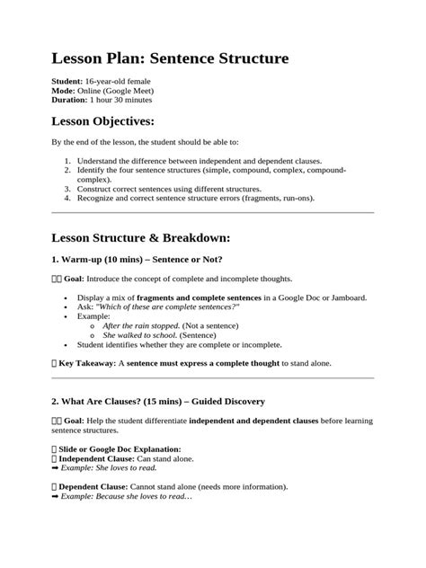 Lesson Plans For Sentence Structure