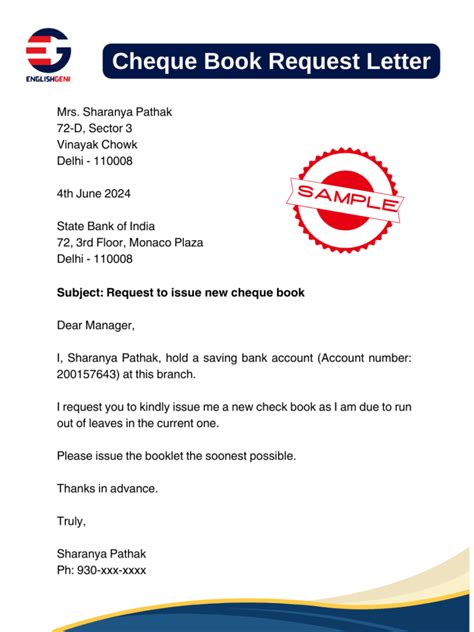 letter for cheque book for bank issuance