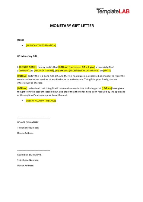 letter for monetary gift