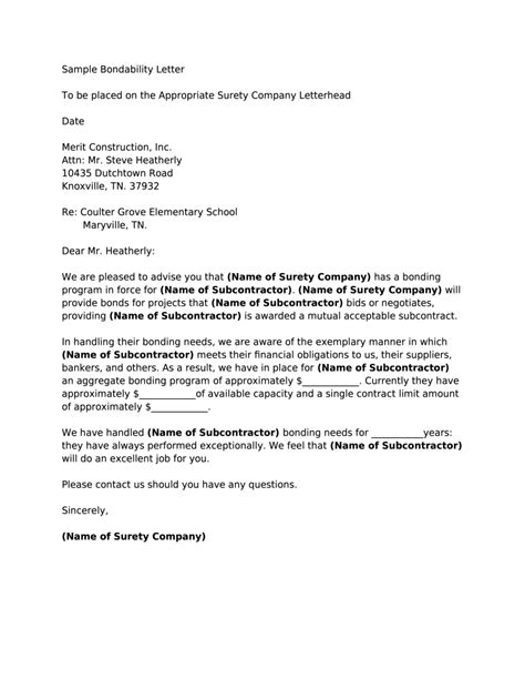 Letter Of Bondability Sample