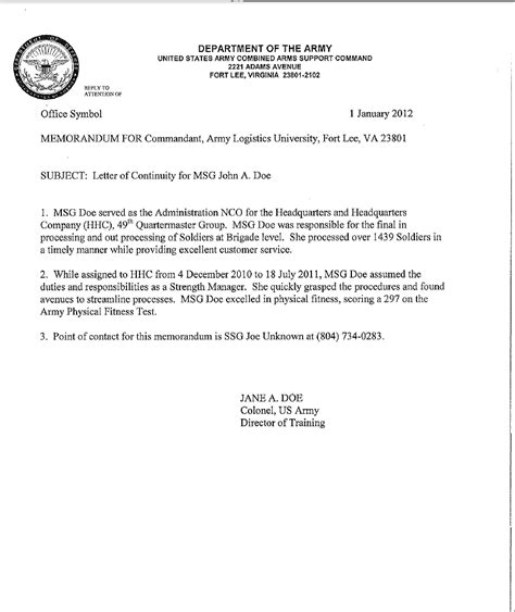 Letter Of Continuity Army