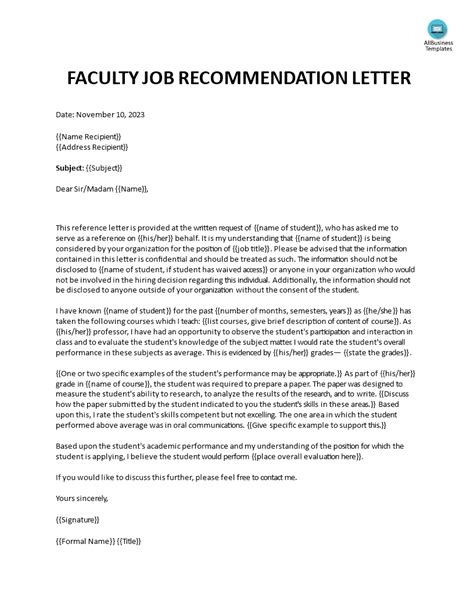 Letter Of Recommendation For Faculty Position