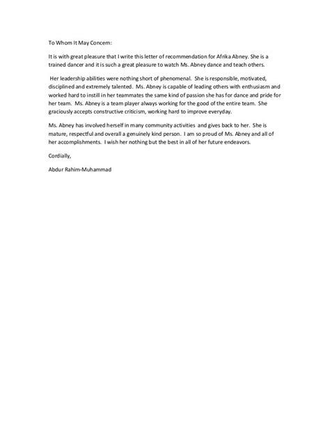 letter of recommendation from dance coach