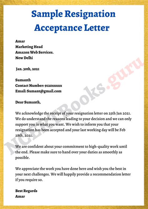 Letter Of Resignation Acceptance Sample