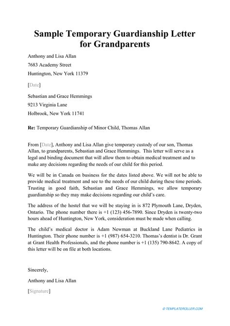 Letter Of Temporary Guardianship While On Vacation