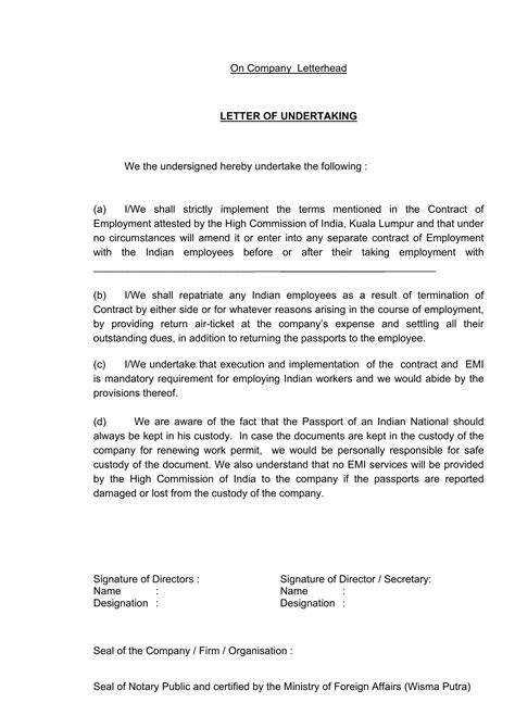 letter of undertaking hotel