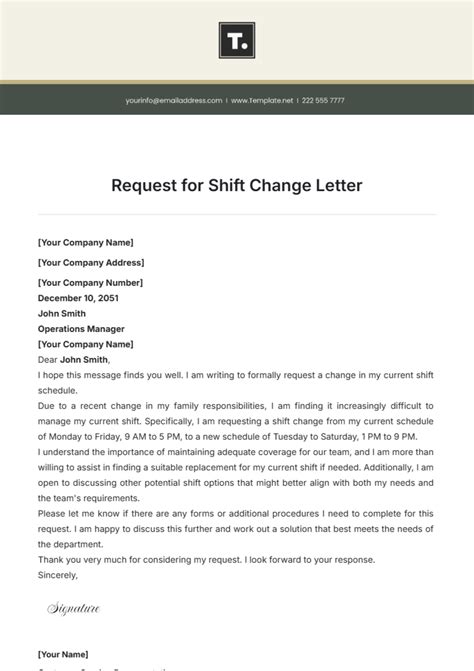 letter requesting permanent shift each week