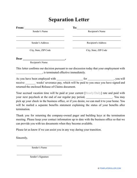 Letter Stating Separation From Spouse Sample