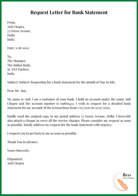 Letter To Bank Requesting Statement