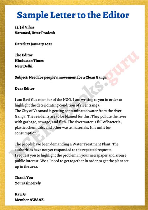Letter To Editor Format Class 10