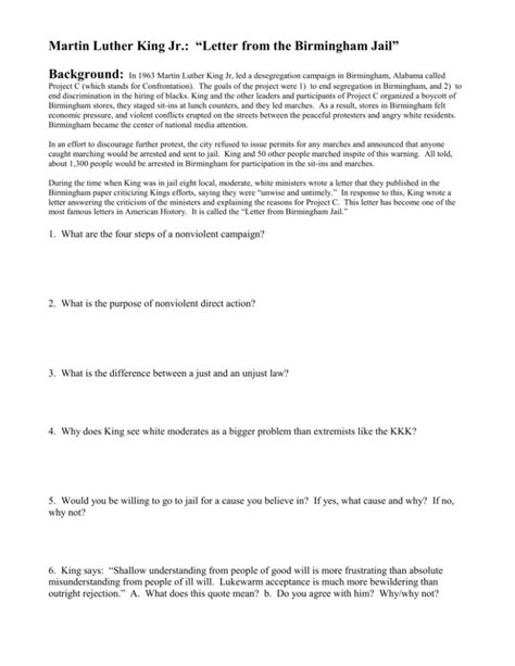 Download Letter From Birmingham Jail Analysis Questions 