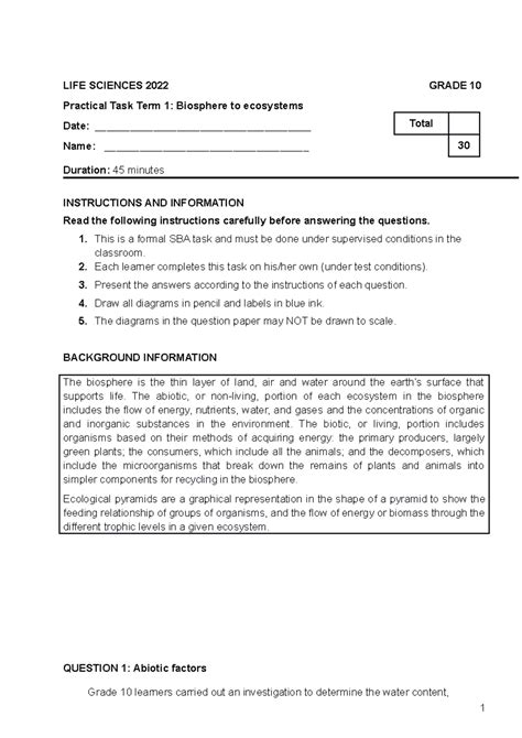 Life Sciences Practical Question Papers And Memorundum Grade 1
