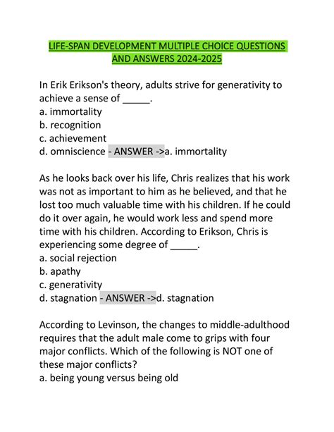 life span development multiple choice exams