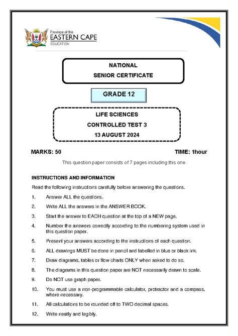 Read Online Life Science Grade 12 Controlled Test Question Paper 2014 