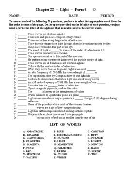 Light High School Physics Matching Worksheet Form 7 Light Matching Worksheet Answers - Light Matching Worksheet Answers