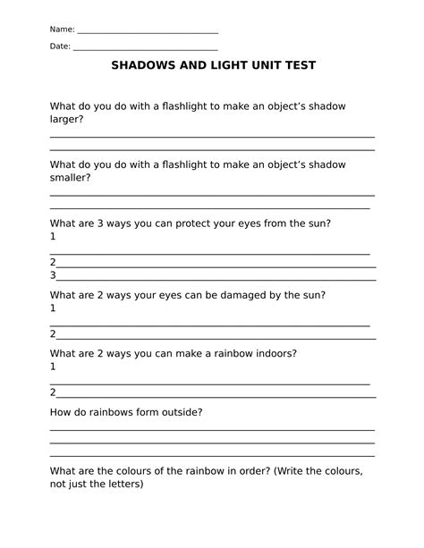 Light Unit Assessment English Worksheets For Kids 4th Forth Grade Science - Forth Grade Science