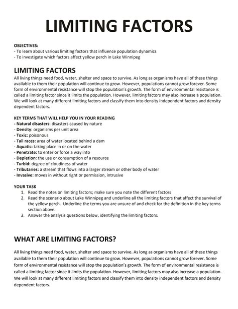 Limiting Factors Worksheet