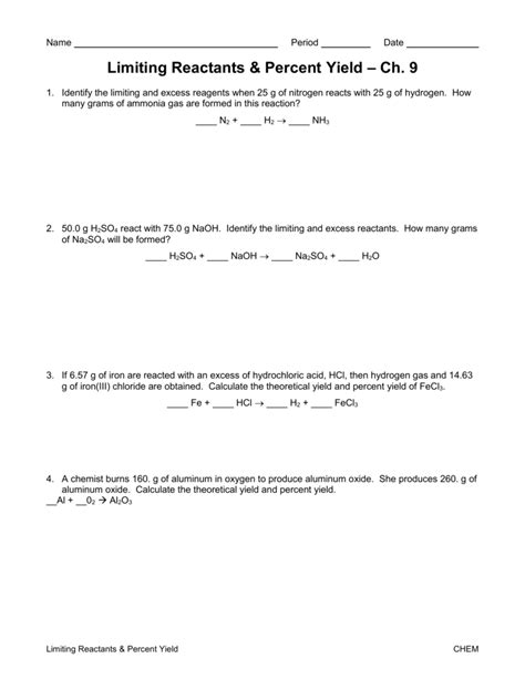 Limiting Reactant And Percentage Yield Worksheet Gil Stoichiometry Worksheet Limiting Reagent - Stoichiometry Worksheet Limiting Reagent