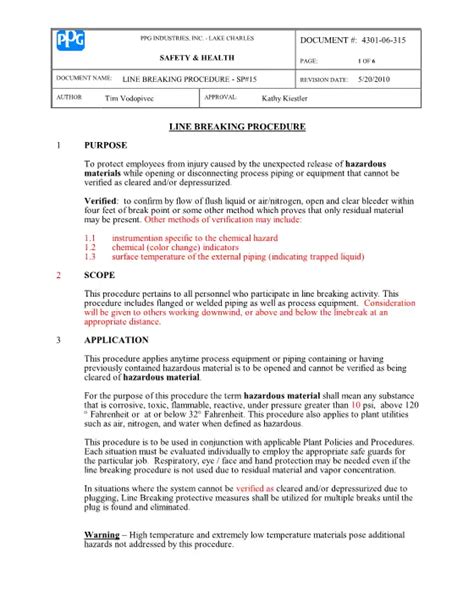 Line Breaking Procedure Purpose Ppg Industries