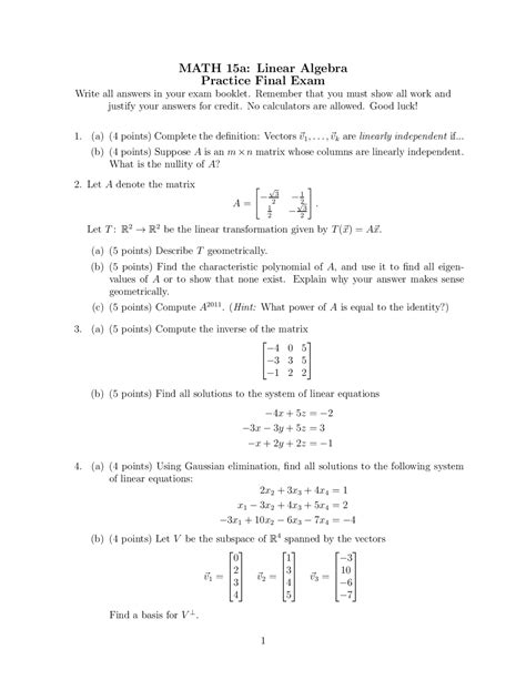 Linear Algebra Exam Questions