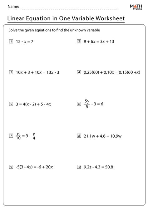 Linear Equations In One Variable Worksheets Solving Single Variable Equations Worksheet - Solving Single Variable Equations Worksheet