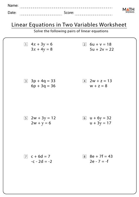 Linear Equations In Two Variables Worksheets Cuemath Solving Equations With Two Variables Worksheet - Solving Equations With Two Variables Worksheet