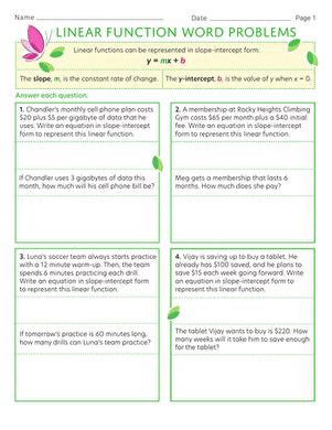 Linear Function Word Problems Worksheet