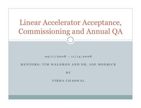 Read Online Linear Accelerator Acceptance Testing And Commissioning 