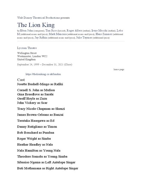 Lion King Offical Broadway Script