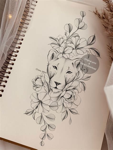 Lioness Tattoo Design Etsy Lioness Tattoo With Flowers - Lioness Tattoo With Flowers