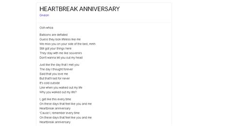 lirik lagu heartbreak anniversary