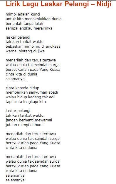 Lirik Lagu Laskar Pelangi   Nidji Laskar Pelangi Lyrics Youtube - Lirik Lagu Laskar Pelangi