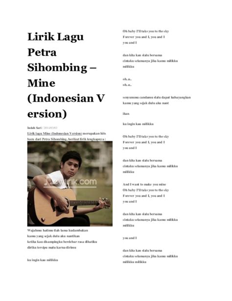 Lirik Lagu Petra Sihombing Mine Indonesian Version Lirik Lagu Petra Sihombing Mine - Lirik Lagu Petra Sihombing Mine