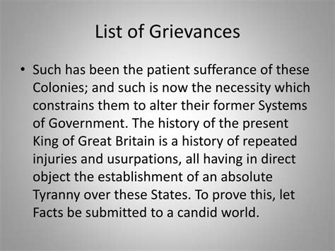 List Of Grievances