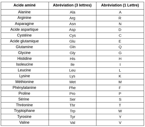 Liste Des Acides Aminés