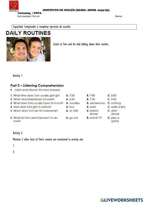 Listening Worksheet Pre Intermediate