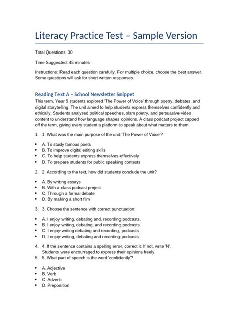 literacy sample test vetassess