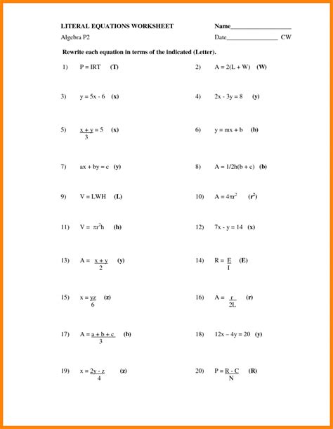 Literal Equations Worksheet